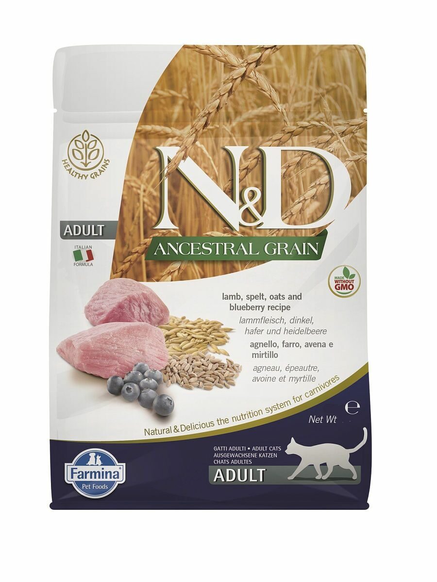 FARMINA N&D Ancestral Grain Сухой корм для кошек с ягнёнком, спельтой, овсом и черникой 1,5 кг