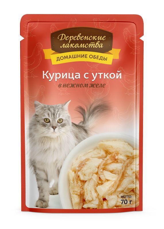 ДЕРЕВЕНСКИЕ ЛАКОМСТВА Пауч для кошек c курицей и уткой в нежном желе 0,07 кг