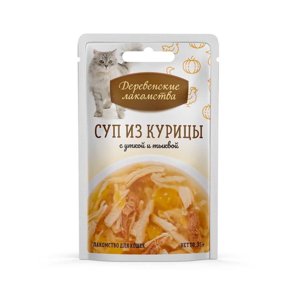 ДЕРЕВЕНСКИЕ ЛАКОМСТВА Пауч для кошек суп из курицы с уткой и тыквой 0,035 кг